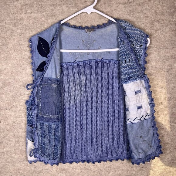 VTG Sandy Starkman Quilted Blue Patchwork Grandmacore Knit Vest Women’s Sz Small - Picture 4 of 16
